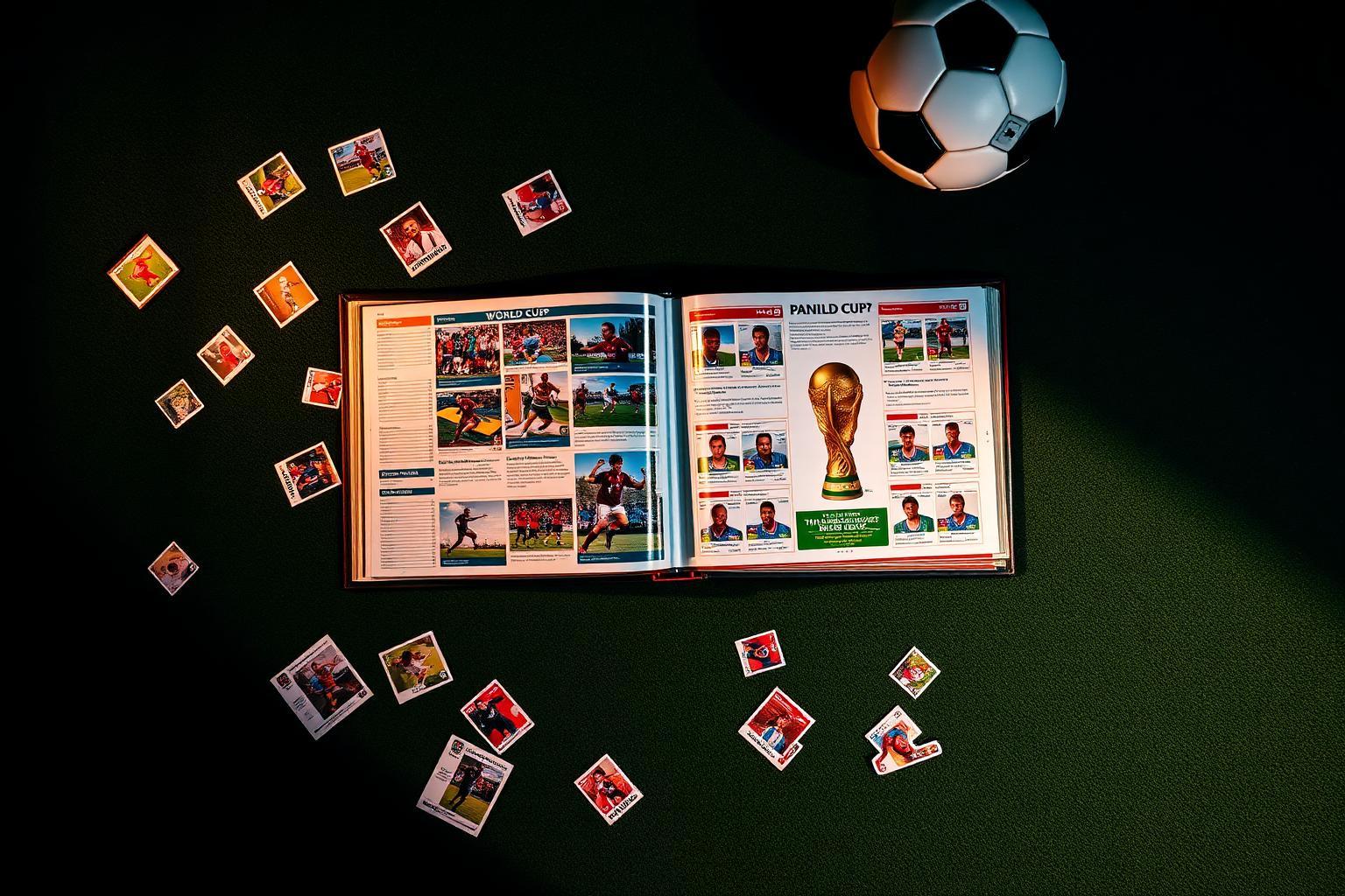 Open Panini World Cup sticker album with scattered stickers