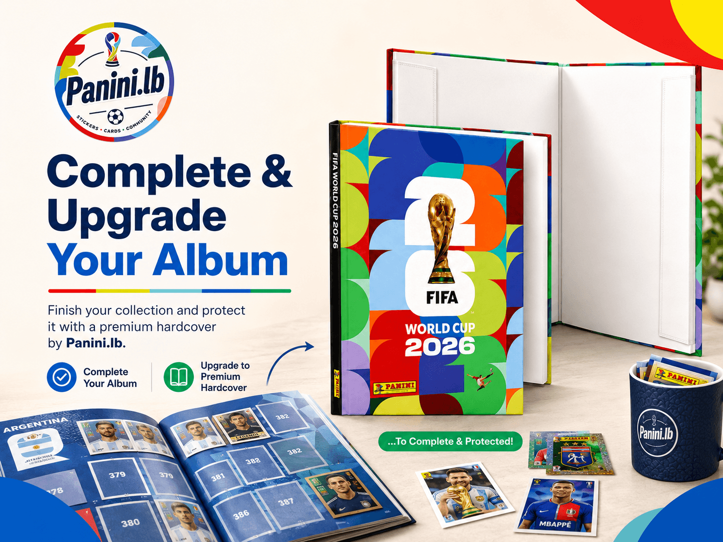 Open Panini World Cup sticker album with scattered stickers
